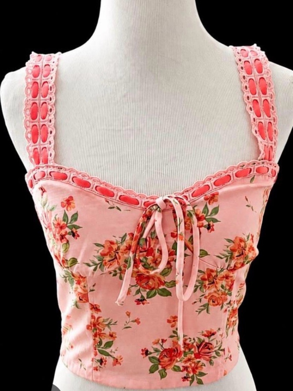 Pink Floral Lace-Trim Bandeau Cami with Front Tie